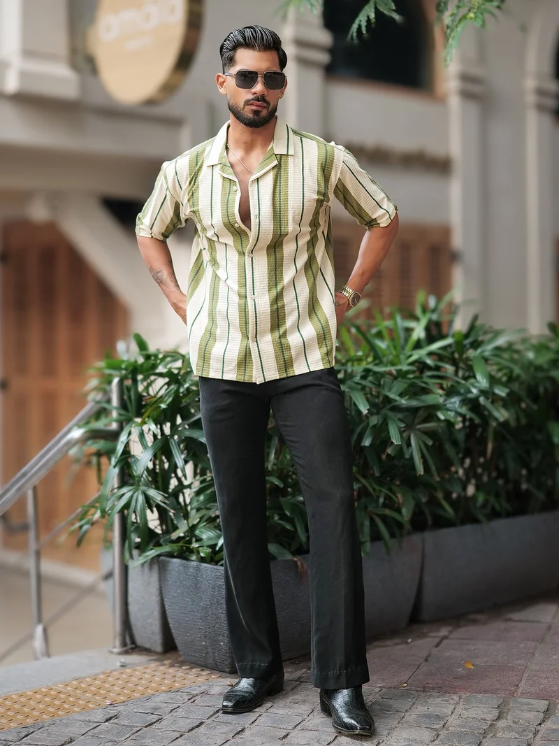 Maniac  Maniac Mens Miami Vertical Stripe Collared Neck Half Sleeve Cream and Green Shirt for Men | Best Price UAE